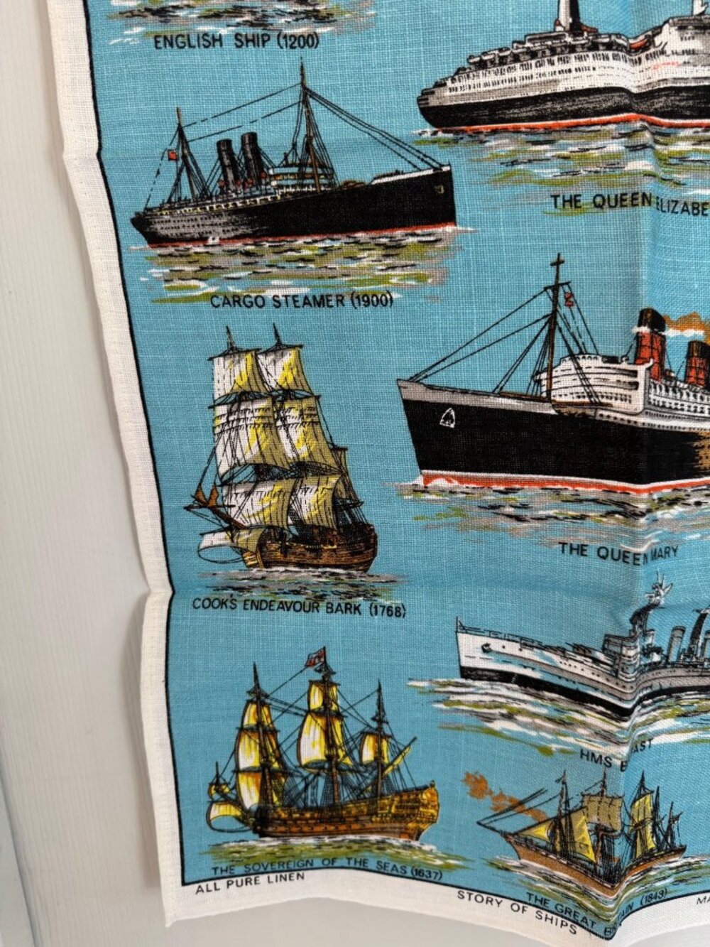 Story Of Ships Vintage Linen Tea Towel Ulster Ireland 30x19 Blue Nautical Theme - Picture 12 of 14